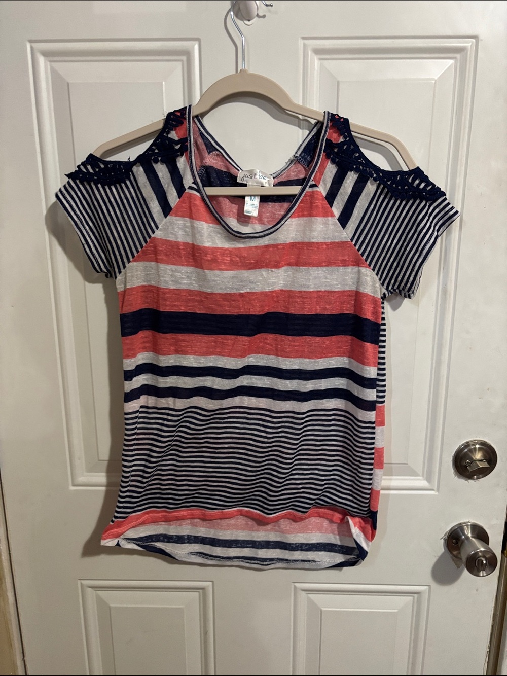 just be Coral, Navy & White Striped Cold-Shoulder Tee
